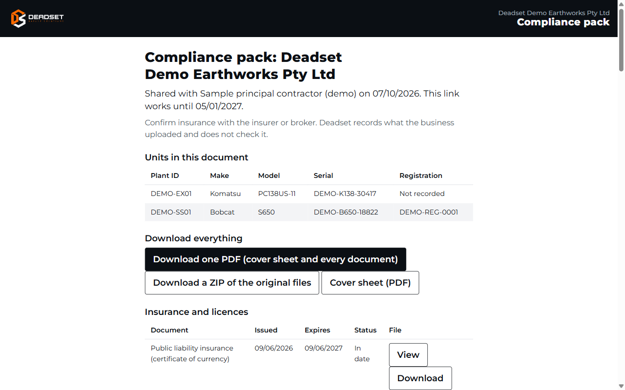A Deadset compliance pack: units covered, download buttons for one PDF or a ZIP, and insurance with issue and expiry dates.