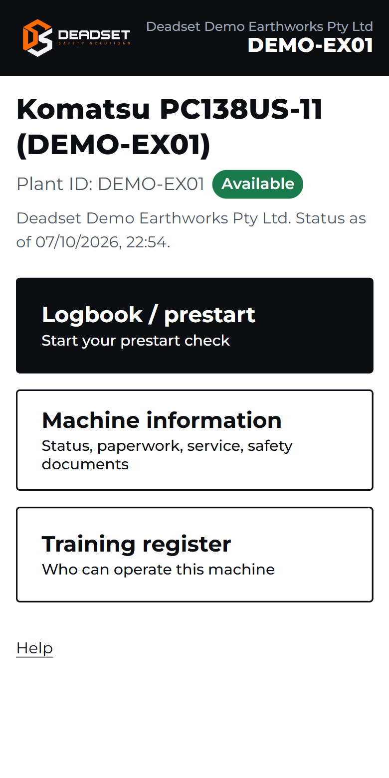A machine's page on a phone after scanning its QR code: logbook and prestart, machine information and training register.