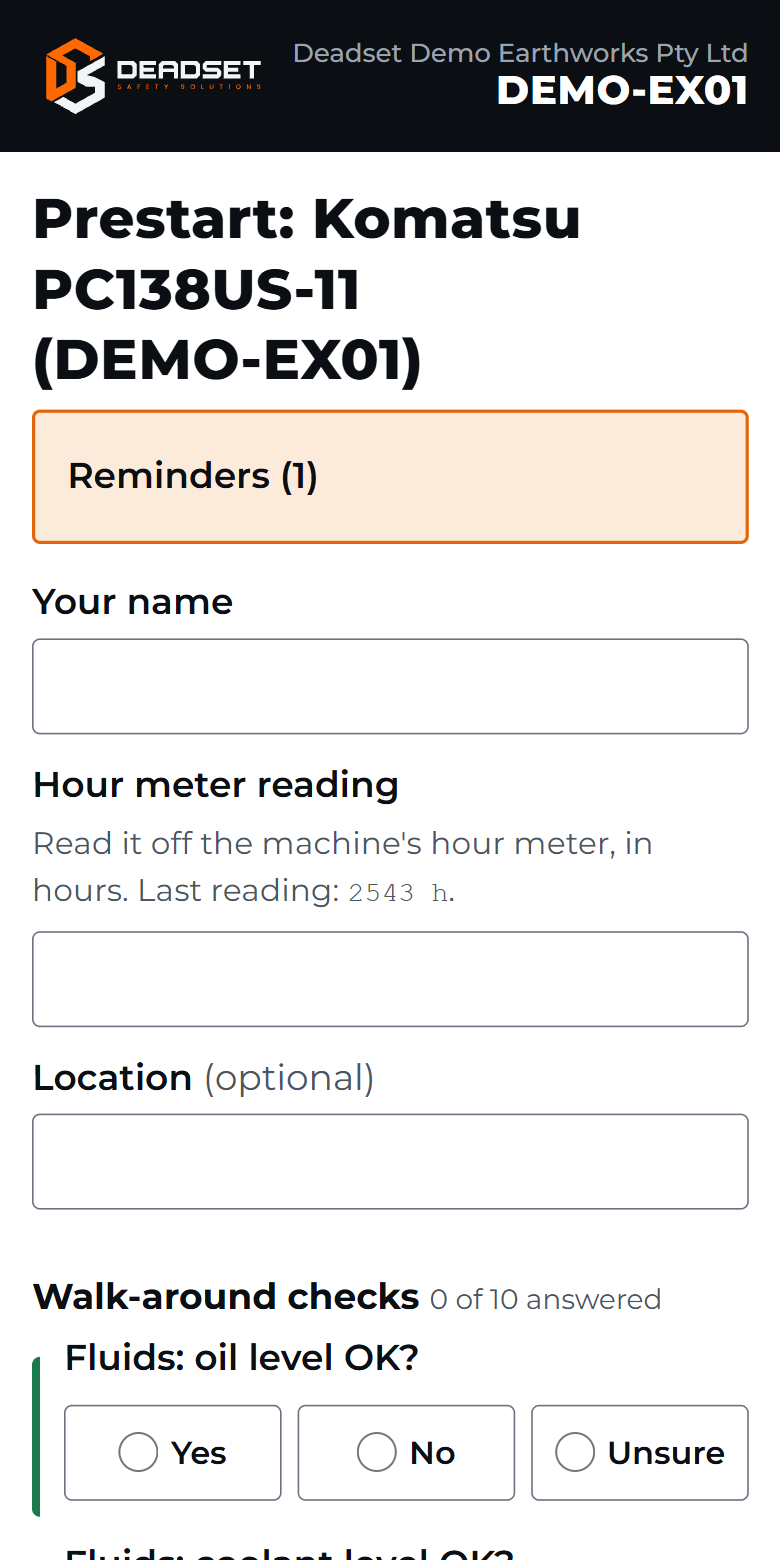 A prestart check on a phone: operator name, hour meter reading, and yes, no or unsure answers for each walk-around check.